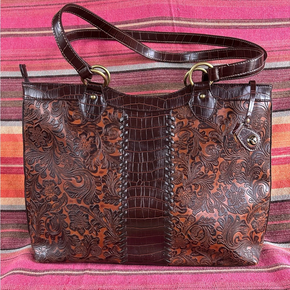 Coldwater Creek Brown Purse Tote Bag Handbag Floral Embossed  Reptile EUC